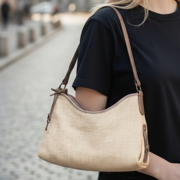 Fossil Vintage Beige Woven Straw Leather Shoulder Bag Purse - Picture 8 of 9